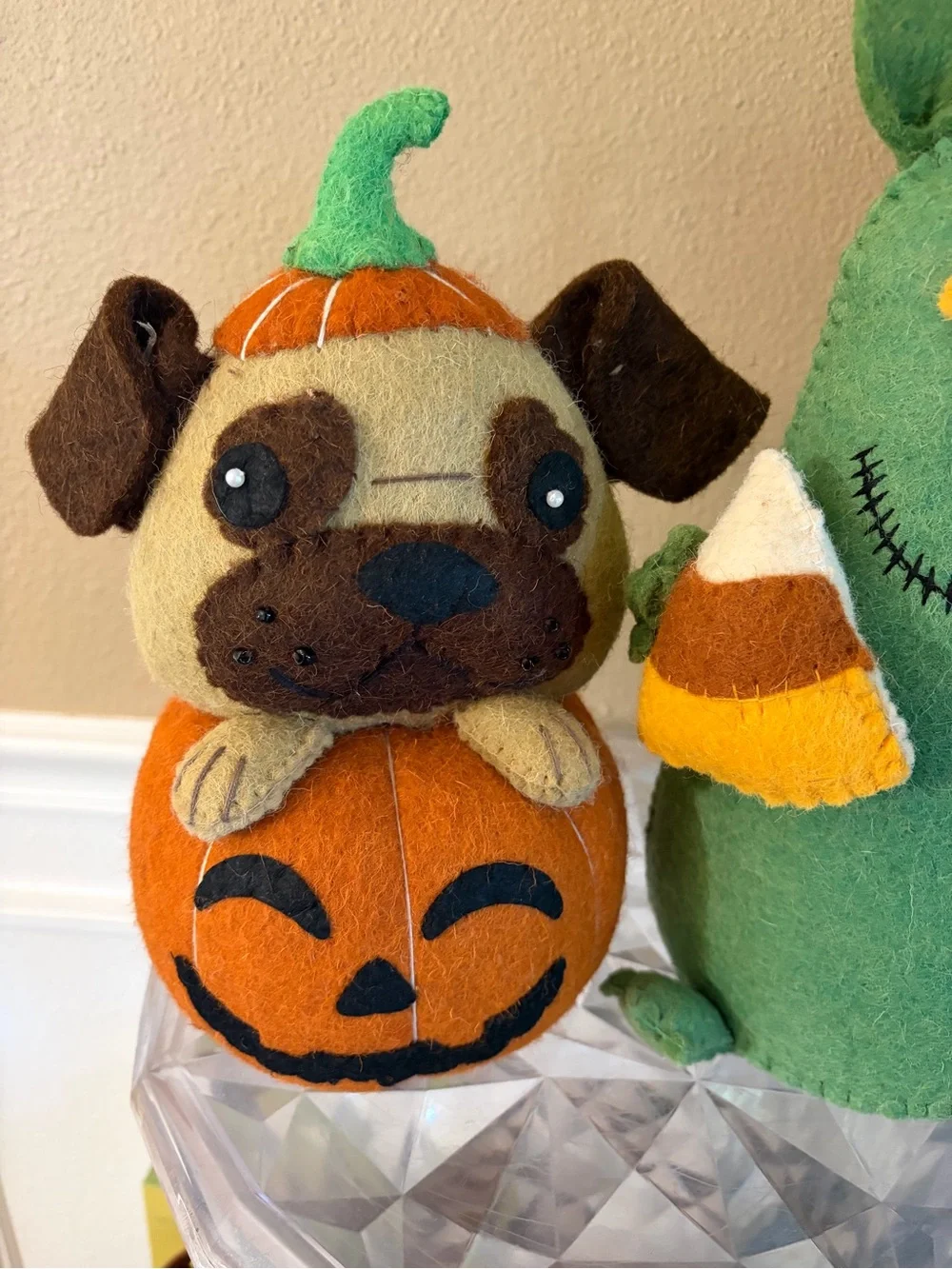 Wool Weighted Halloween Decor Pug Pumpkin Pup & Green Candy Corn Monster